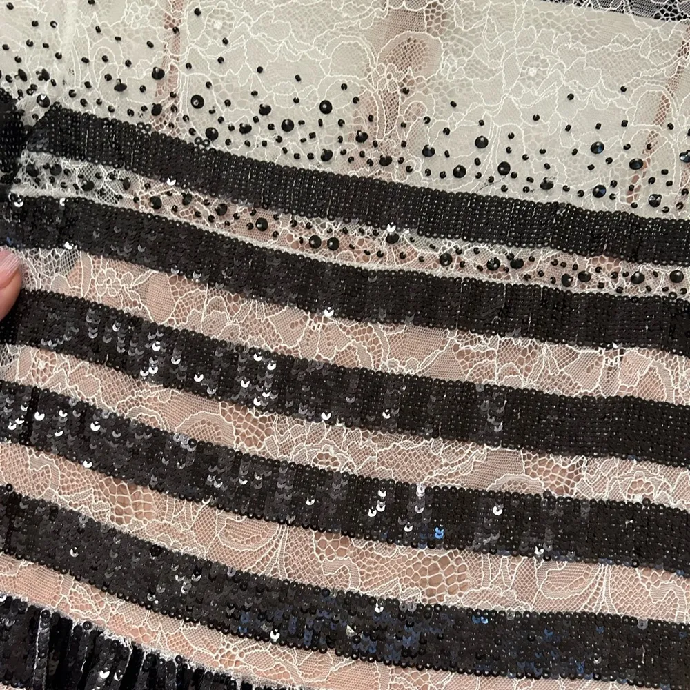 BCBG Tasi black and white striped sequin lace dress size 6 - Image 5