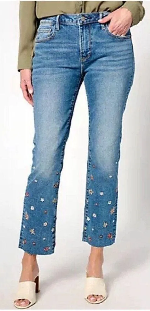 Driftwood Jeans Colette Embroidered Crop Straight Jean Prairie Floral Gold Stud - Image 1