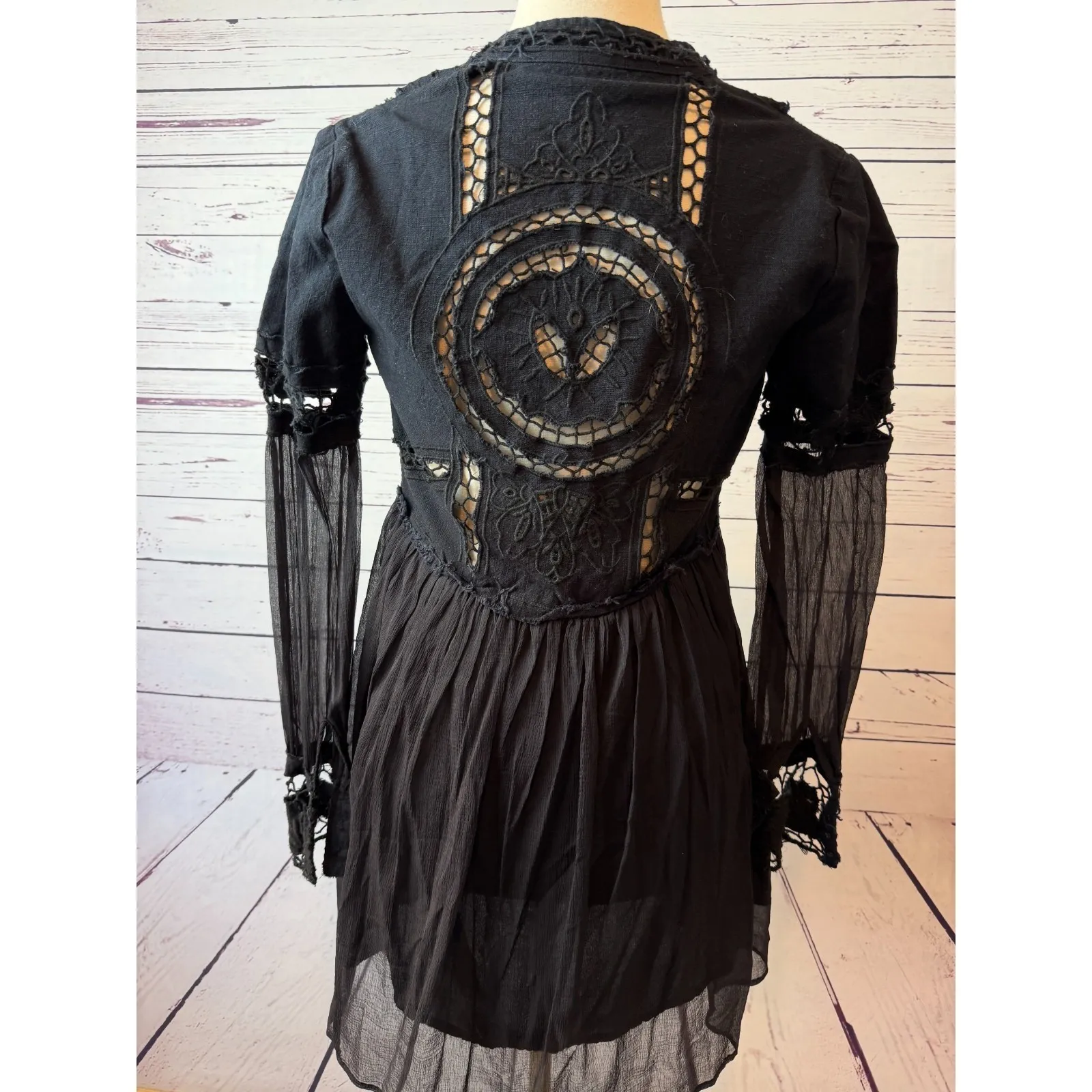 Free people Dress Boho LBD size 2 Tunic Whimsygoth Black Long Sleeve Cut‎ Out - Image 4