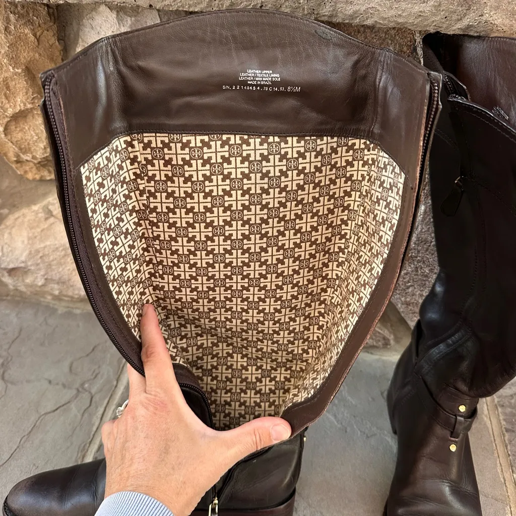 Tory Burch Eloise Brown Leather Gold Logo Riding Knee High Boot Shoes - Image 7