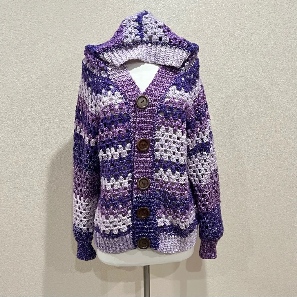 Granny Pop Purple Crochet Hand Knit Cardigan Size Large - Image 9
