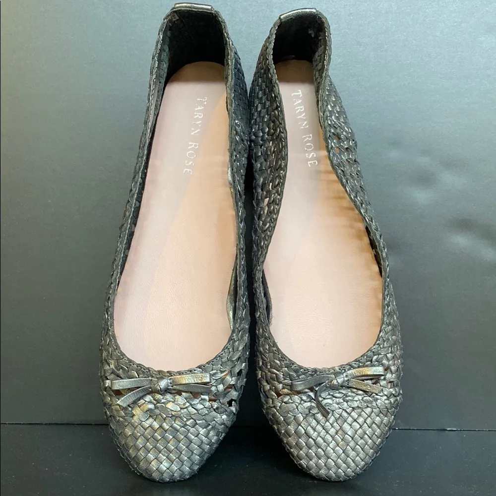 Taryn Rose Leather Woven Ballet Flats Gray Silver Metallic Pewter Size 9.5 - Image 3