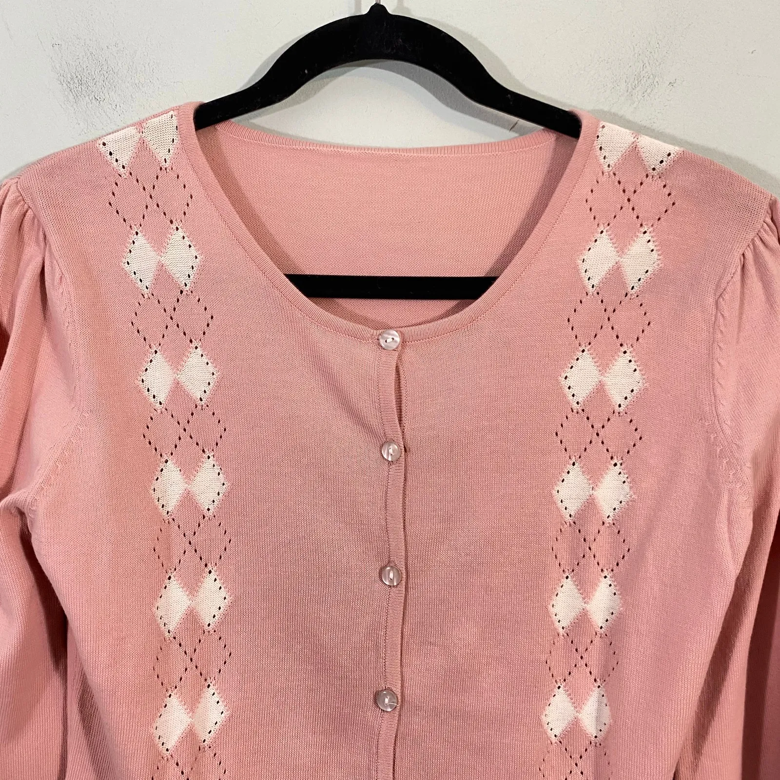 Pink Argyle Women’s Pointelle Detail Button Up Cardigan Y2K Coquette Style - Image 7