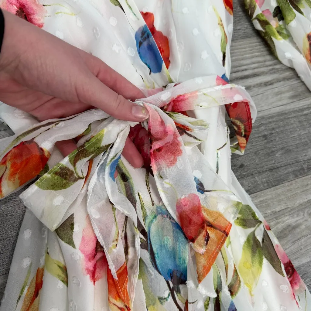 Roz + Ali white floral faux wrap midi dress belt tie lined sheer sleeve 6 I17 - Image 4
