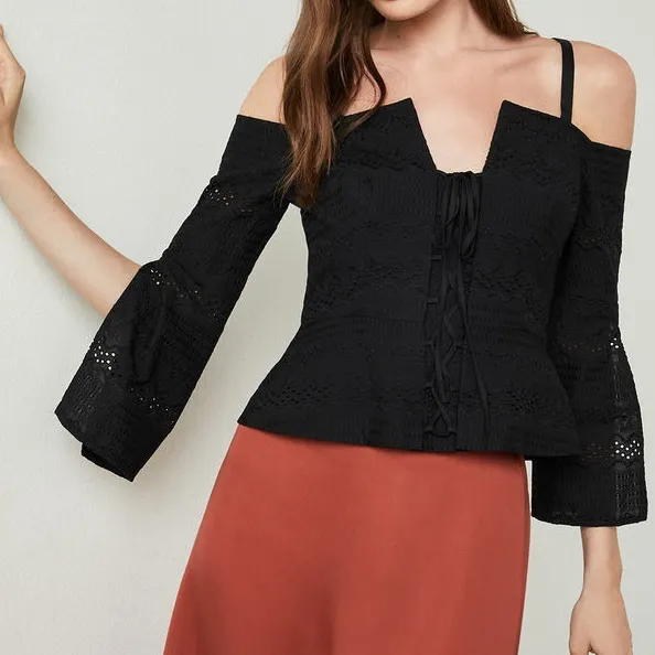 BCBGMaxAzria Cold-Shoulder Eyelet Lace-up Top Black - Image 16