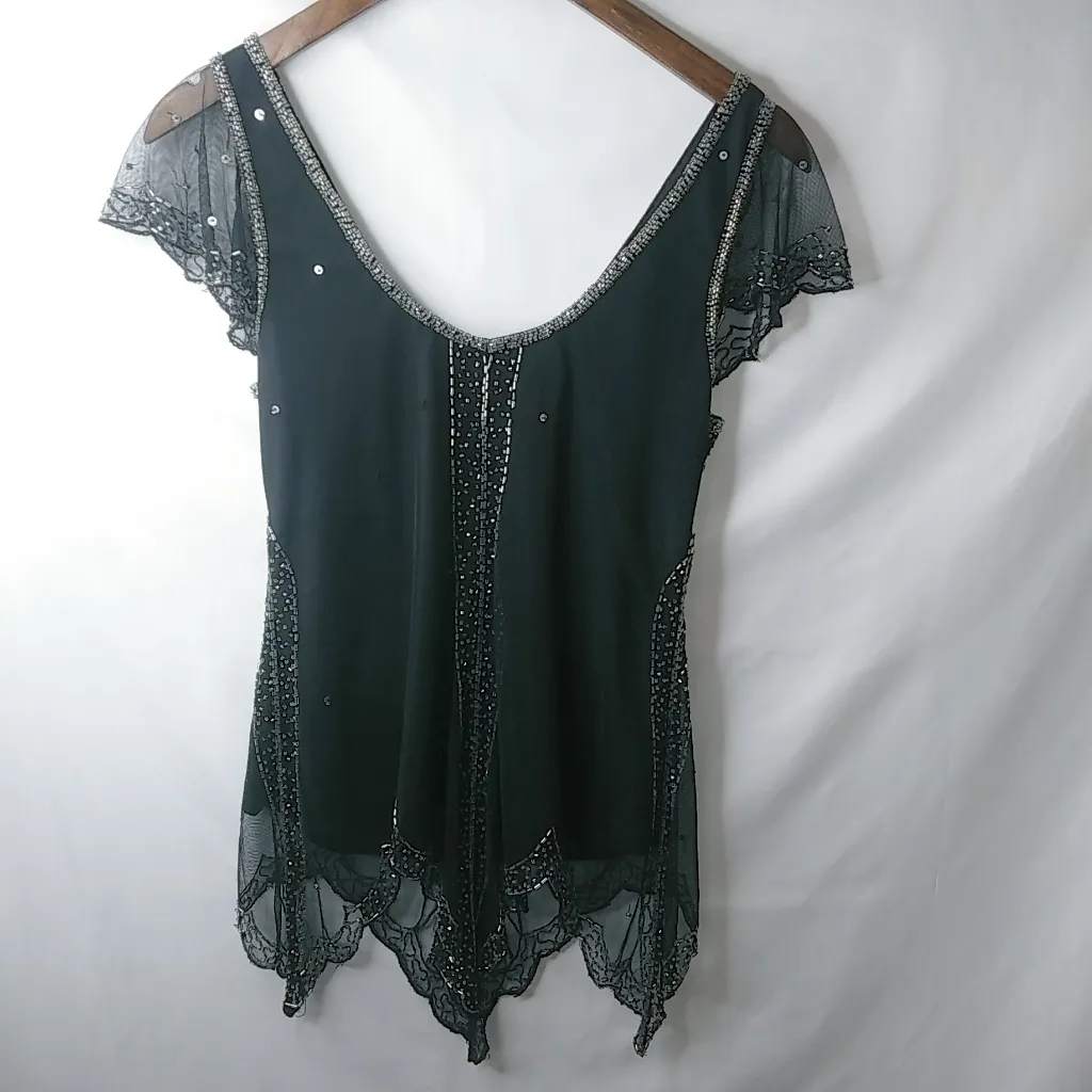 Scala M Witchy Fairygoth Silver Beaded on Black Evening Top - Image 3