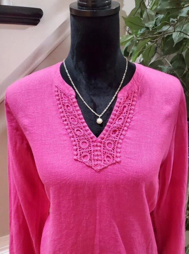 Kim Rogers Women's Pink Linen Lace V-Neck Long Sleeve Top Blouse Petite Large - Image 11