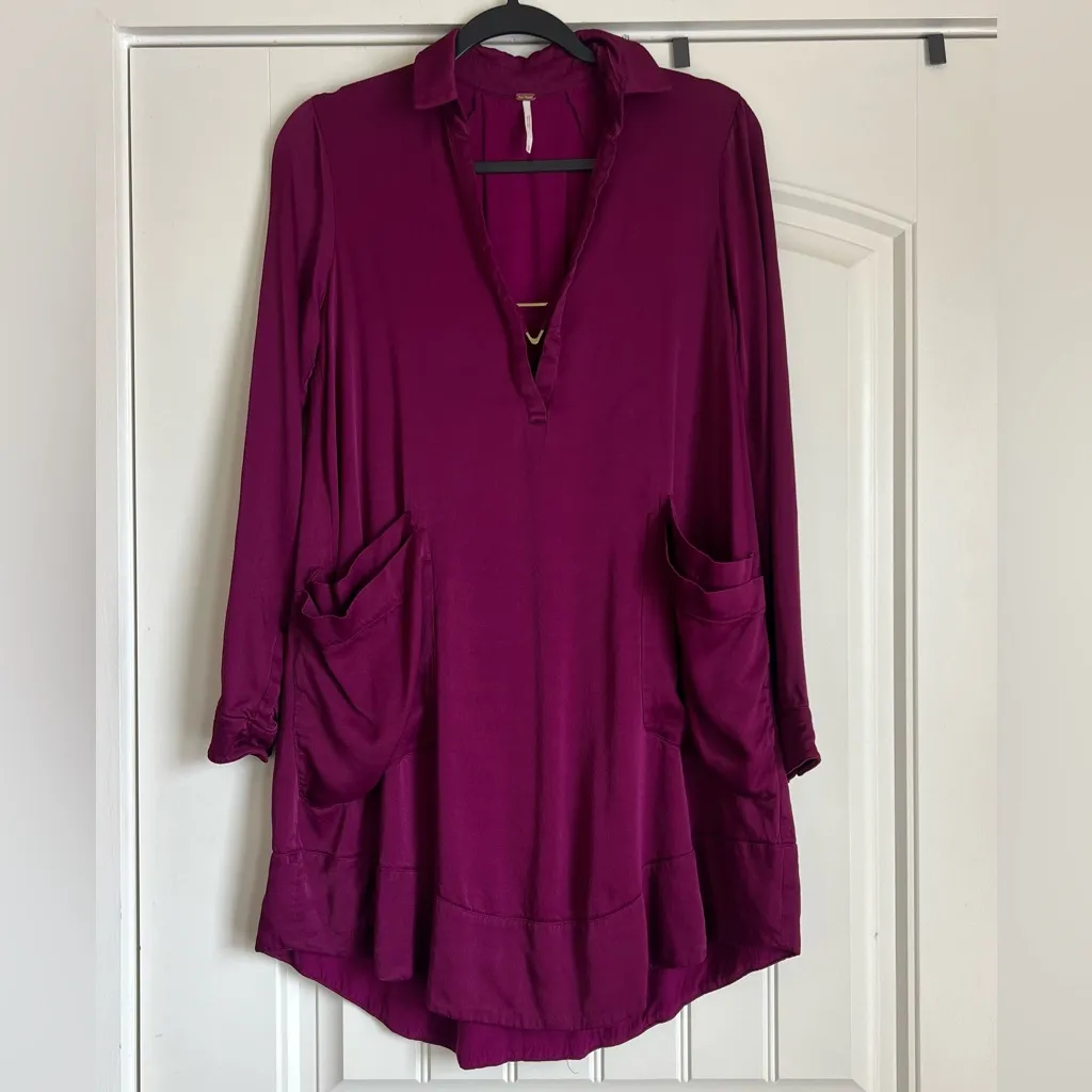 Free People Boho Satin Tunic V-Neck Dress Magenta XS - Image 13