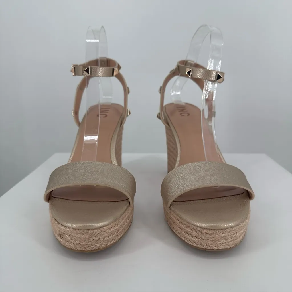 INC Maverickp Faux Leather Ankle Strap Wedge Sandals Gold size 10 Studded - Image 3