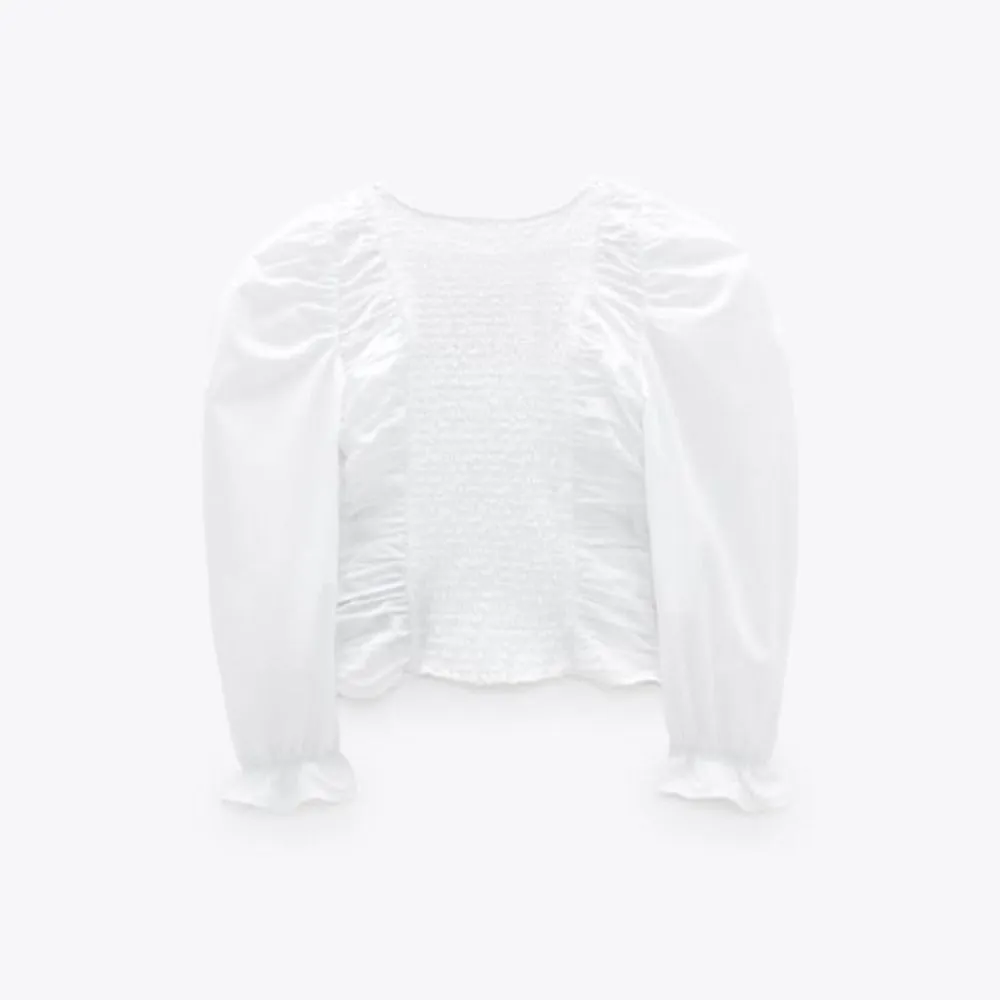 Zara White Poplin Ruched Smocked Balloon Sleeve Crop Top - Image 3
