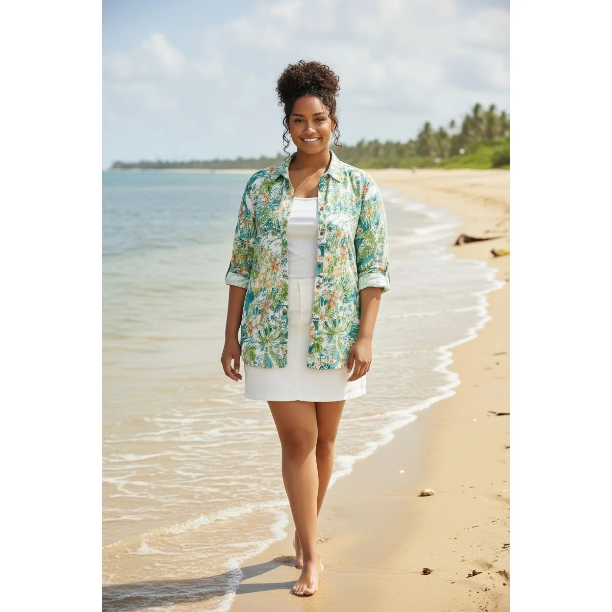 Vintage Hot Cotton Tropical Floral Print Button Up Shirt Women's XL 100% Linen Green - Image 2