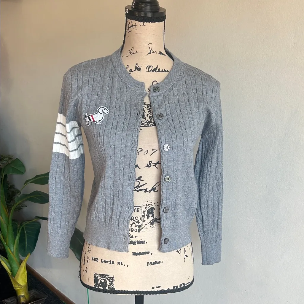 THOM BROWNE New York Preppy Embroidered Dog Grey Cardigan Size XS Gray - Image 3