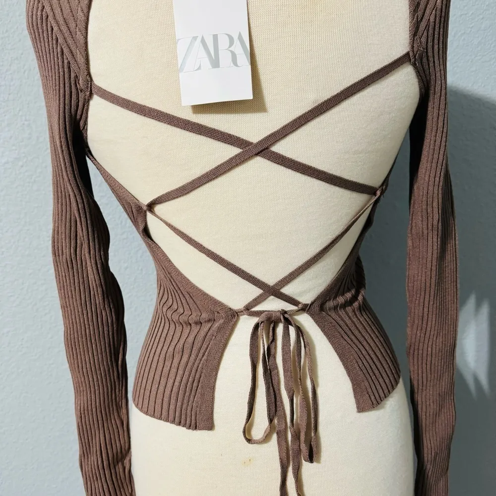 ZARA  Brown Long Sleeves Round High Neck Open Back Rib Adjustable Top Size L - Image 14