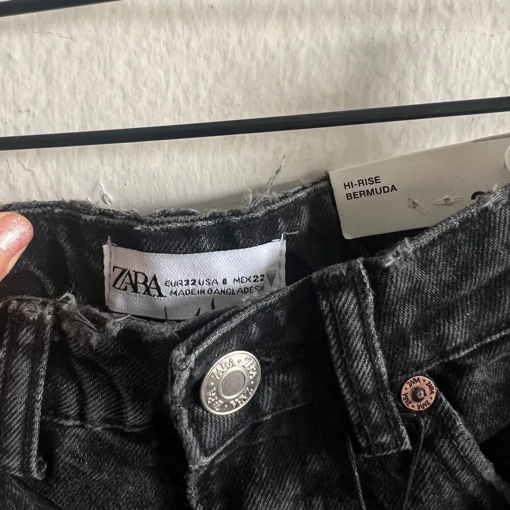 NWT ZARA Black Mom Fit High Rise Bermuda Denim Jean Shorts Womens 0 - Image 5