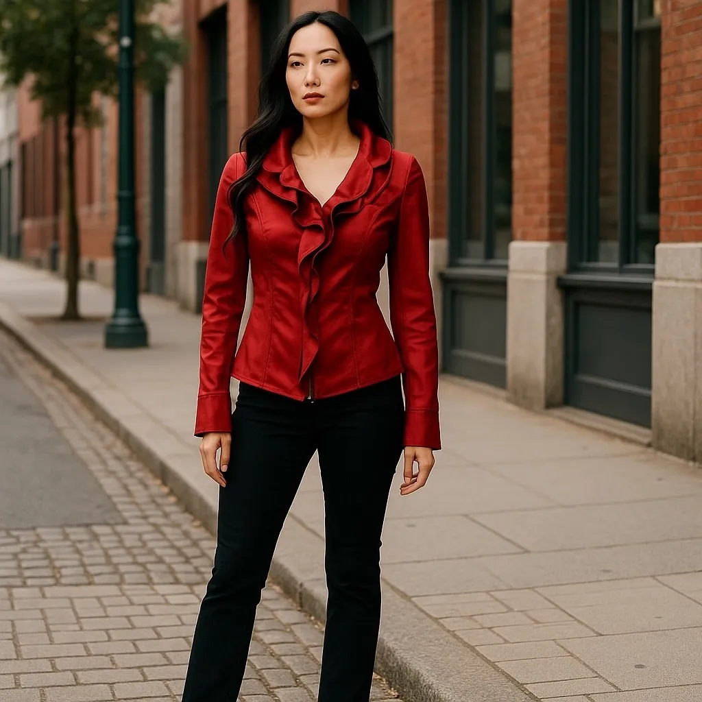 Samuel Dong Designer‎ Women's Satin Ruffle Long Sleeve Jacket Sz XS Red Holiday - Image 12
