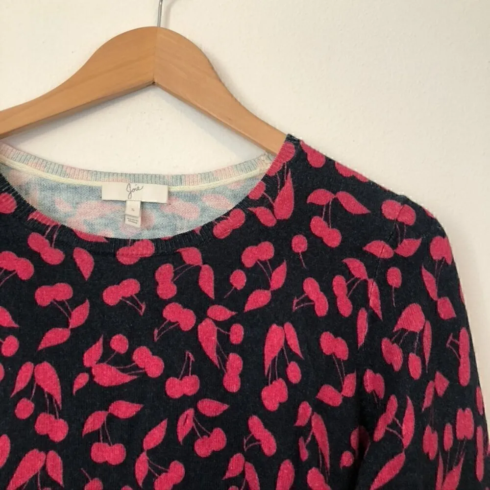 JOIE Navy Blue Red Cherry Fruit Cotton CASHMERE Crewneck Light Sweater Small S - Image 2