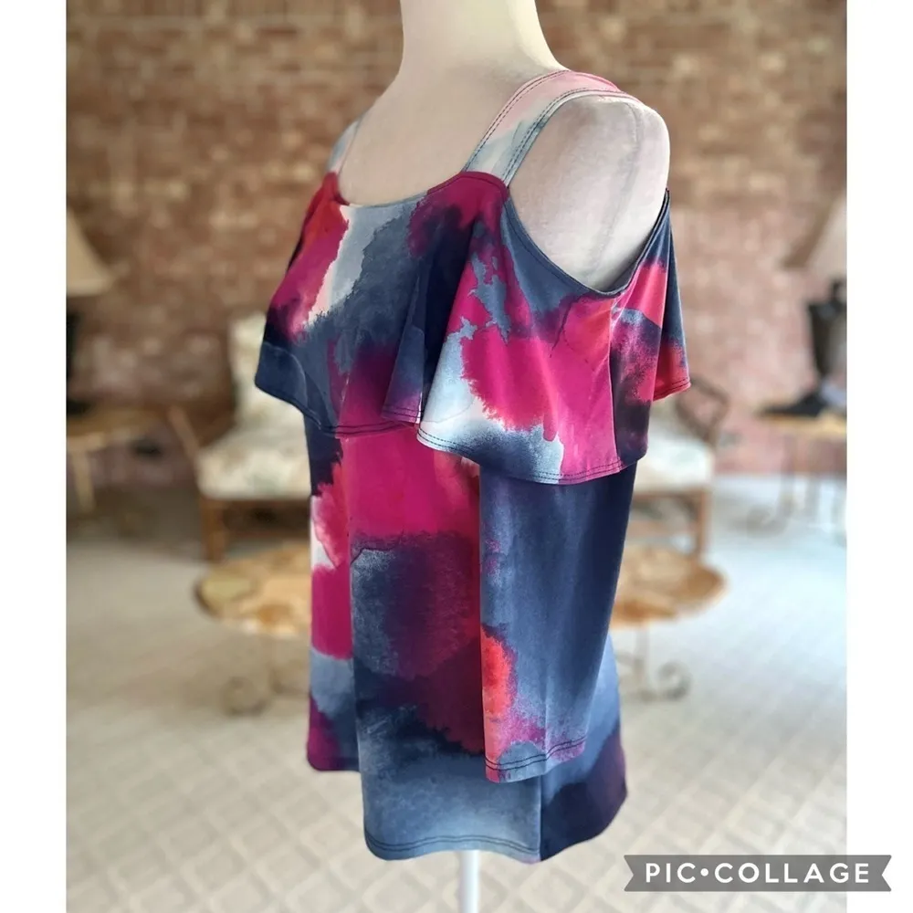 Clara Sun Woo Top Cold Off the Shoulder Blue Pink Top XS Jersey Knit Cocktail - Image 6