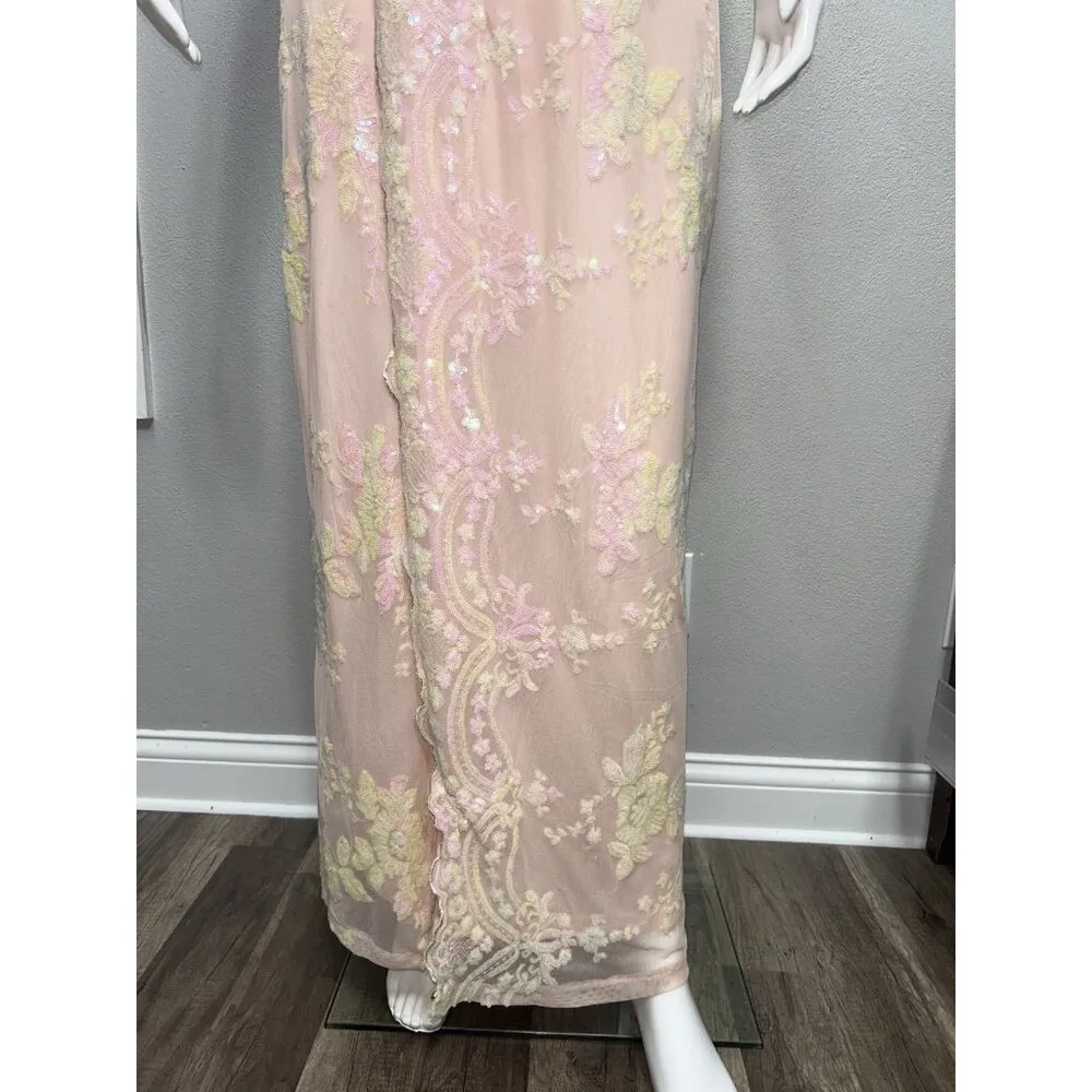 Babydoll Cami Sequin Maxi Dress Pink Scallop Trim 90s Y2K Fairy Formal READ Size M - Image 11