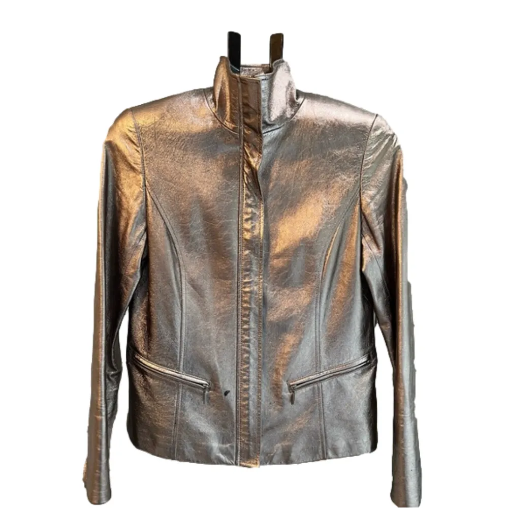 Lafayette 148 metallic burnished gold leather jacket, EUC, flaws as noted, sz 6 - Image 7