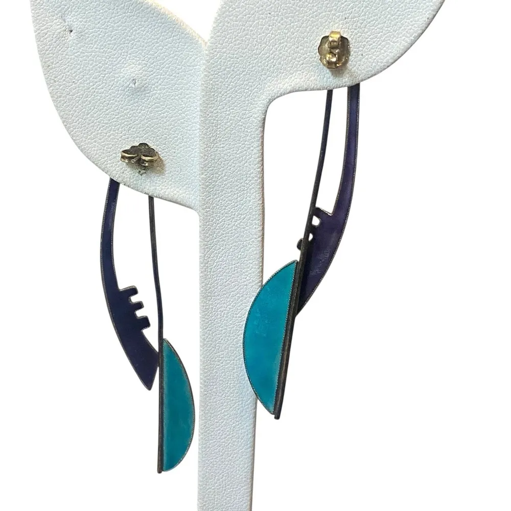 Vintage Ename Modernist Abstract Artisan Sterling Silver Long Dangle Earring - Image 3