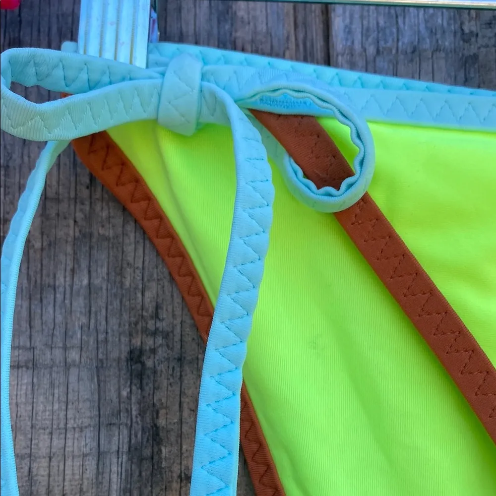Aerie Neon Green/Yellow Bikini Bottom w/Brown & Blue Trim Tie Waist Size XL - Image 5