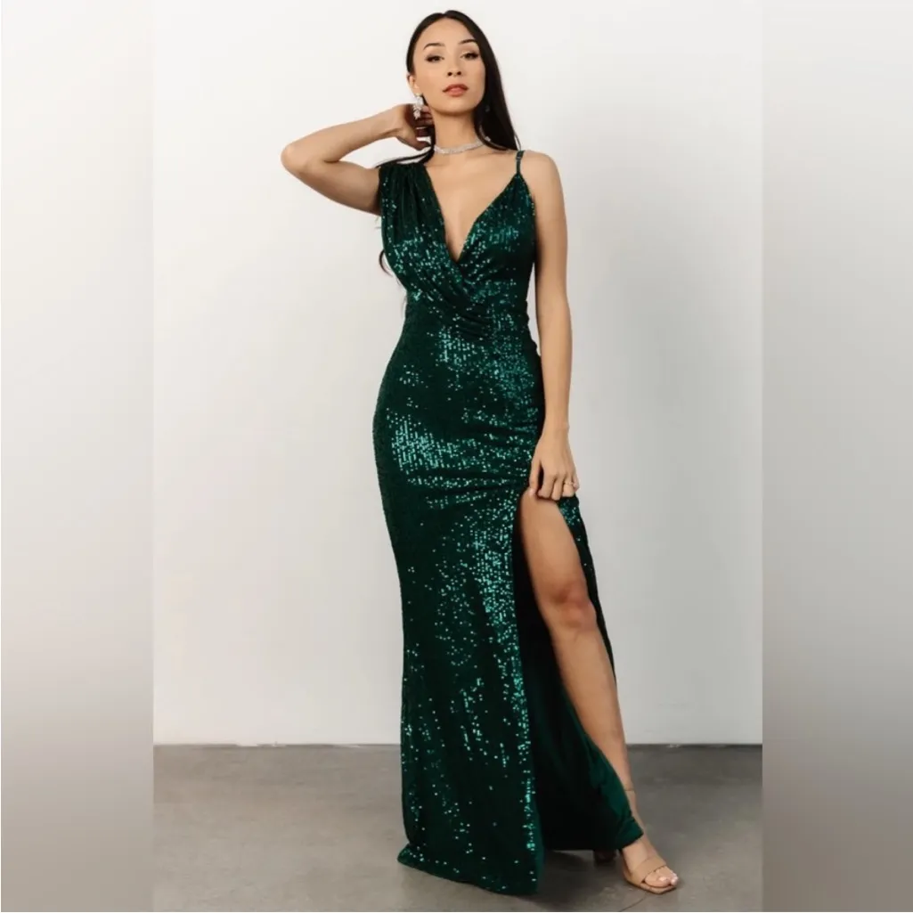 NWT Baltic Born One Shoulder Green Sequin High Slit Maxi Dress Gown Size Small - Image 13