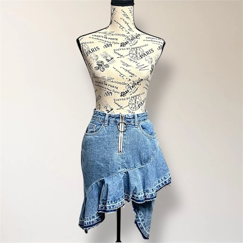 After Market S Blue Denim Asymmetrical Ruffle Raw Hem Skirt Zip Front Y2K Boho - Image 2