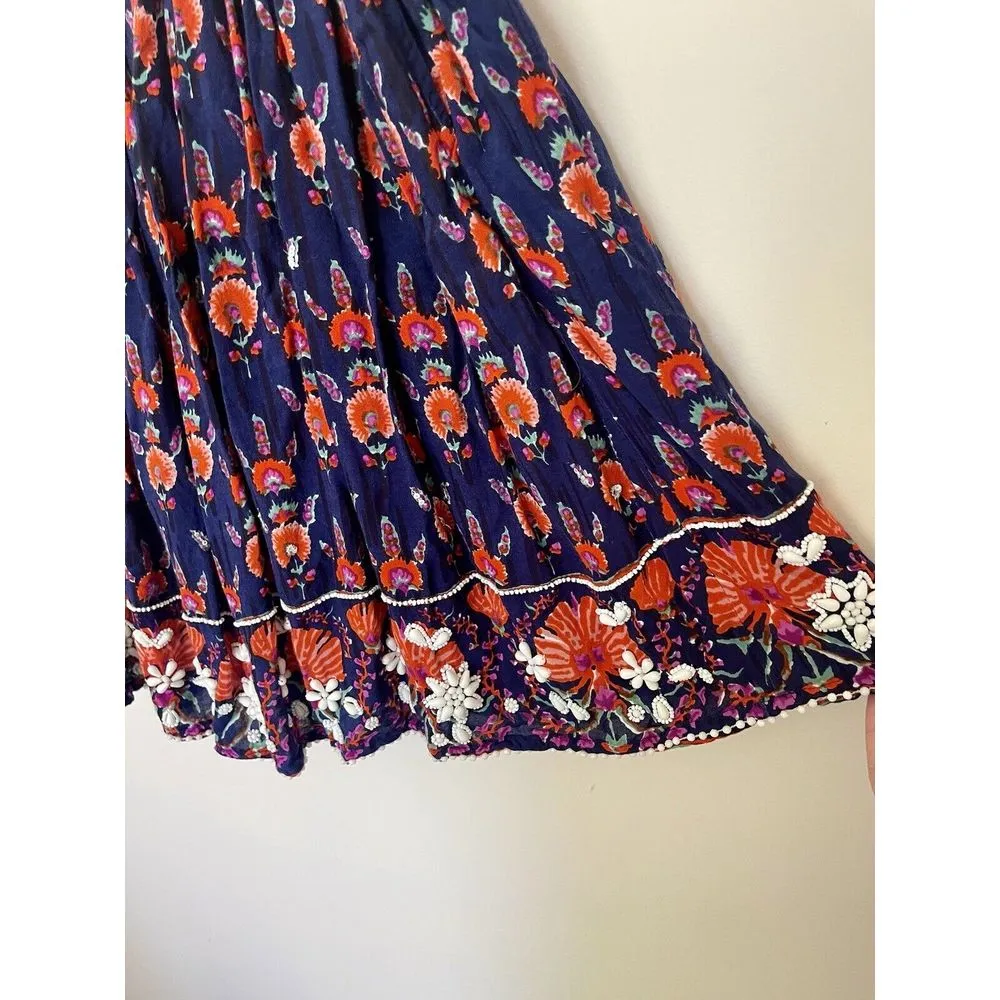 Taaj London Women Skirt Medium Blue Floral Beaded‎ Elastic Waist Boho Peasant - Image 3