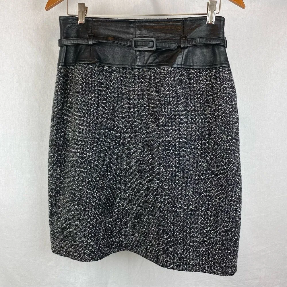 Anne Klein Black & Gray Wool Woven Knot Leather Belted Waistband Skirt 10 - Image 3