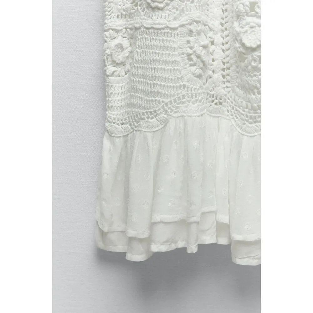 ZARA V-Neck Contrast Crochet Knit Lace Midi Dress White Size S NWT - Image 5