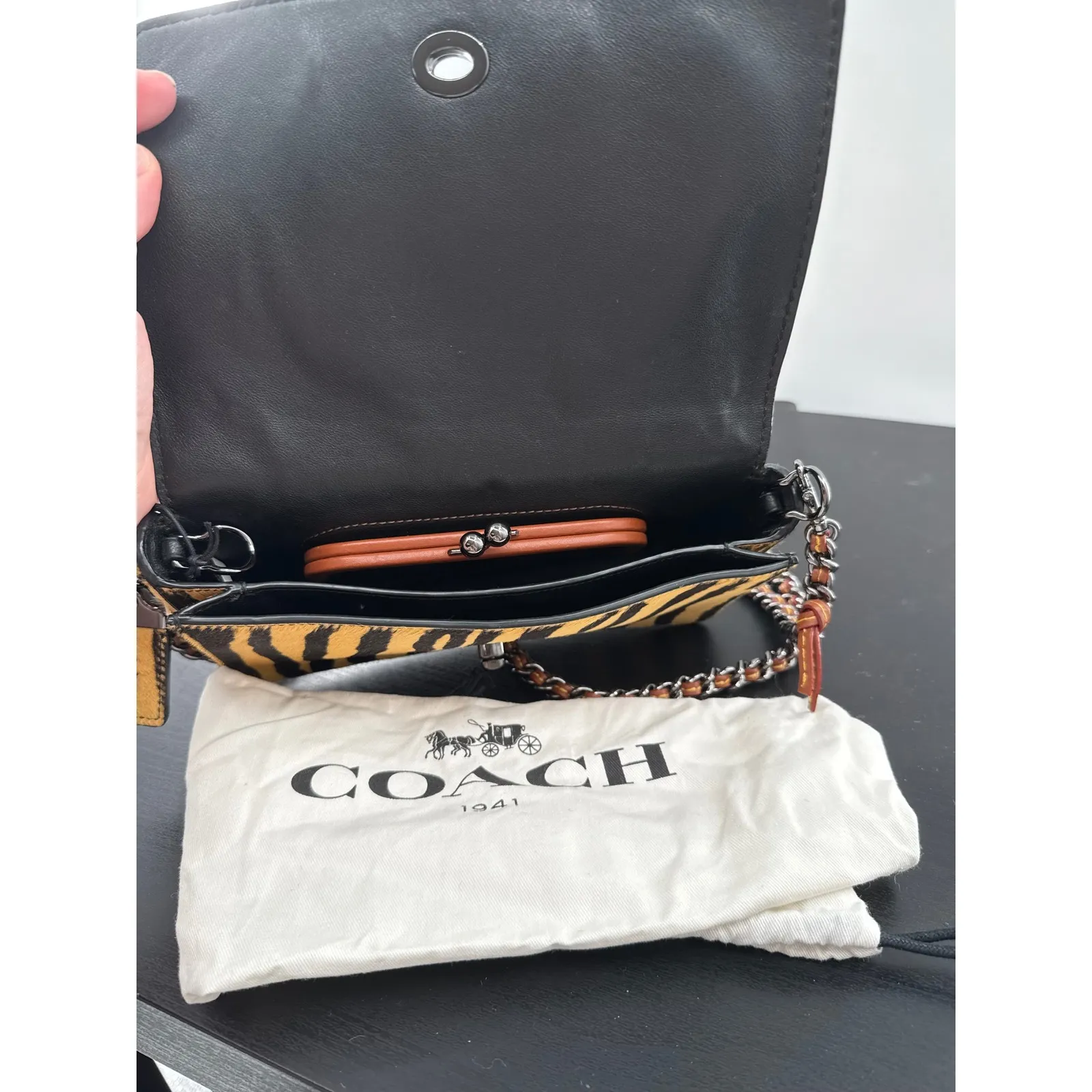 New Coach Dinky Tiger Haircalf Shoulder Bag 38209 Chain Strap Orange Black - Image 6
