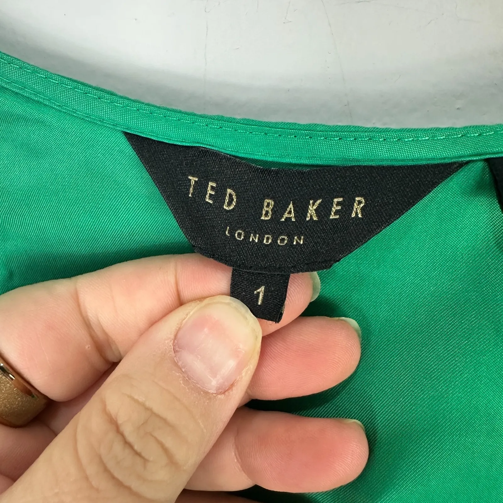 Ted Baker Green Babydoll Mini Dress Womens 1 Small Vegan Silk Smocked Feminine - Image 3