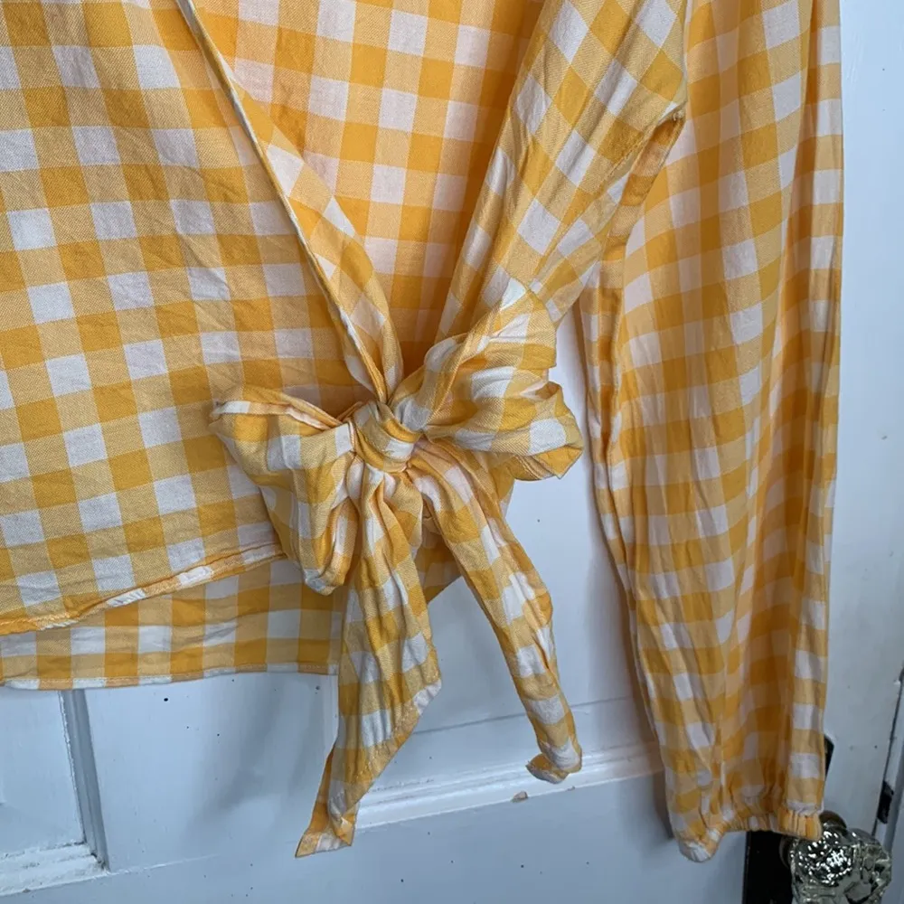 Madewell Long-Sleeve Sash-Tie Wrap Top in Yellow Gingham Check W-499 Sz XS - Image 7