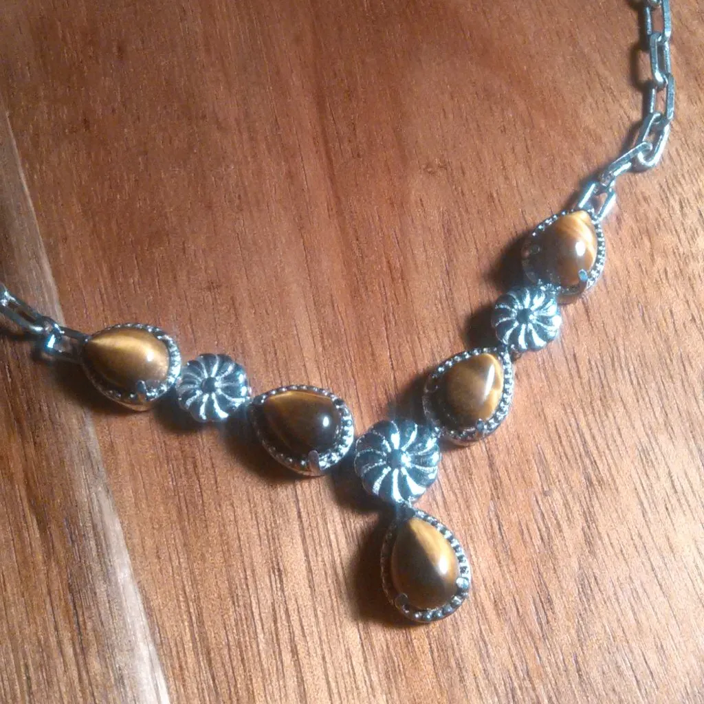 Tiger's Eye Platinum Bond and Stainless Steel Floral Necklace - Image 4