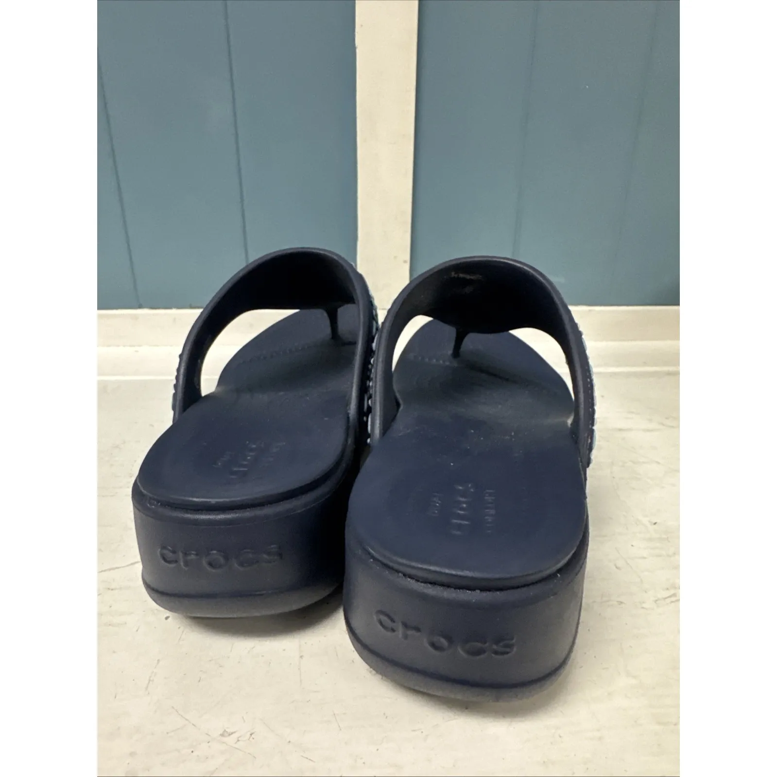 Crocs Sandals‎ Womens 10 Monterey Beaded Wedge Slip On Flip Flop Navy 206851 - Image 6