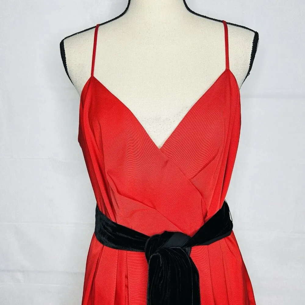 NWT J. Crew A-Line Velvet Sash Tie Red Black Party Dress Size 16 Spaghetti Strap - Image 3