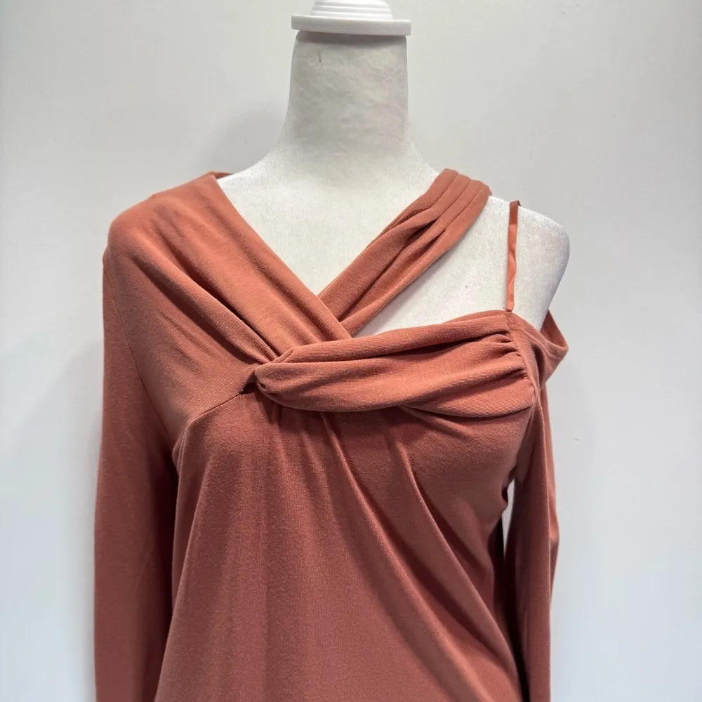 Rust Orange Asymmetric Neckline One Shoulder Fitted Knit Doe & Rae Top Club Wear - Image 3