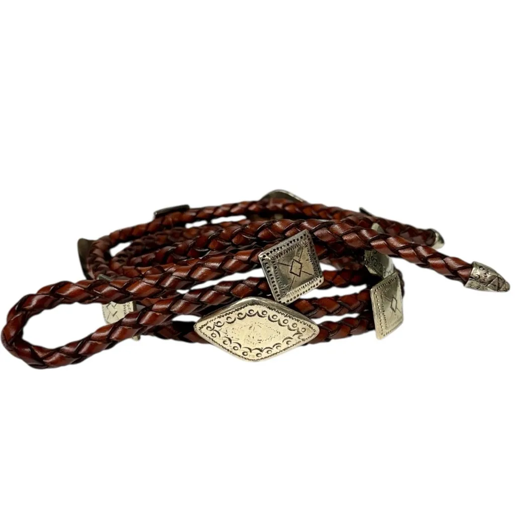 Vintage Braided Brown Leather Silver Concho Belt Western Bolo Style Rope Belt - Image 2