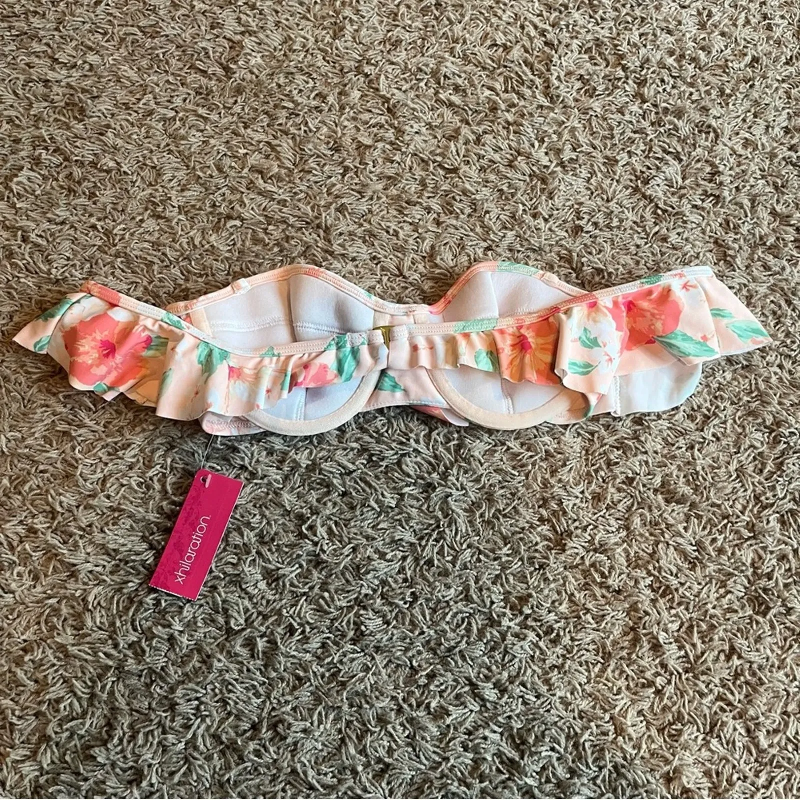 NWT! Xhilaration Strapless Cold Shoulder Pink Floral Swim Bikini Top Size Small - Image 2