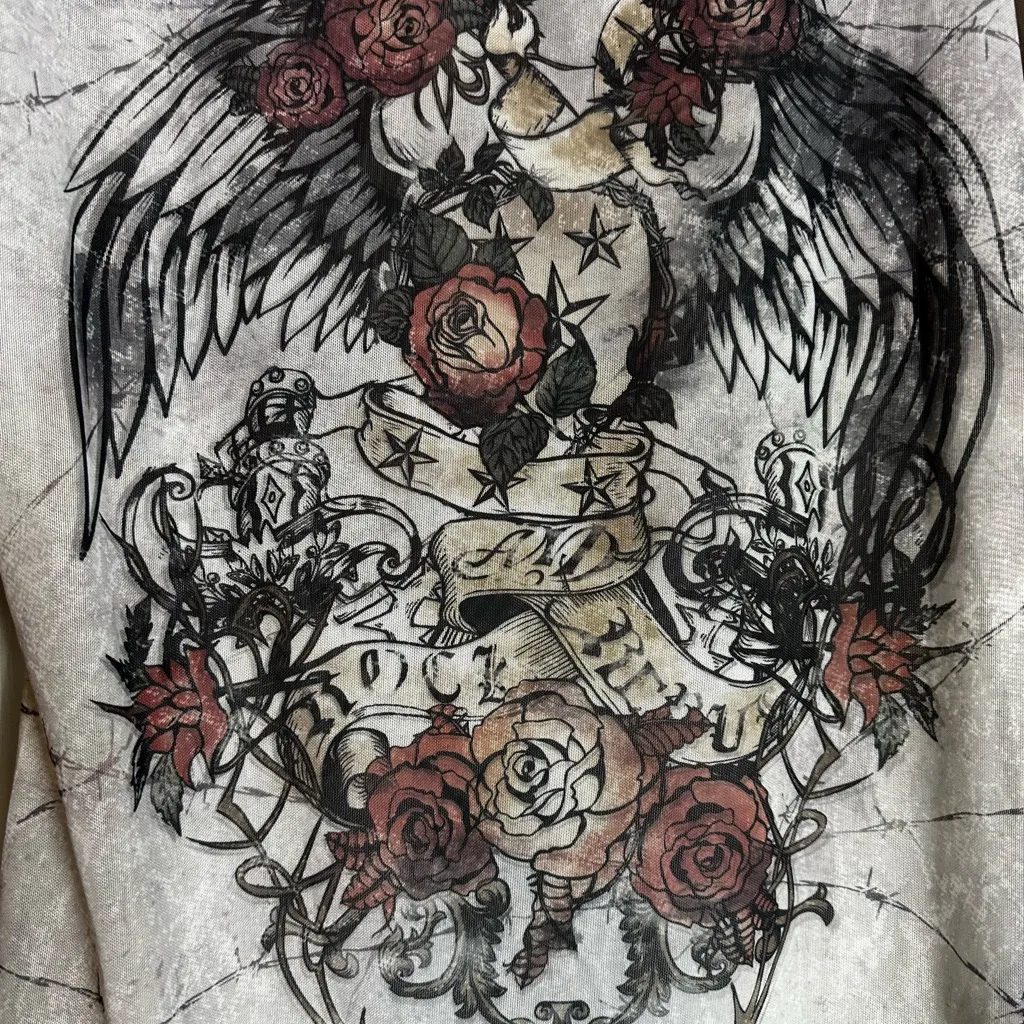 Womens Y2K Mesh T-Shirt Gray Cross Angel Wings Tattoo Sleeve Grunge Size Med - Image 10