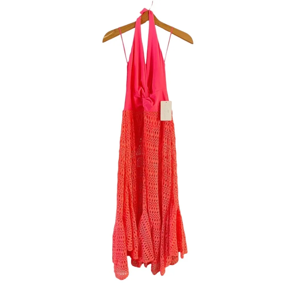 PATBO Crochet Beach Dress Halterneck Neon Coral Resort Influencer Medium NWT - Image 4