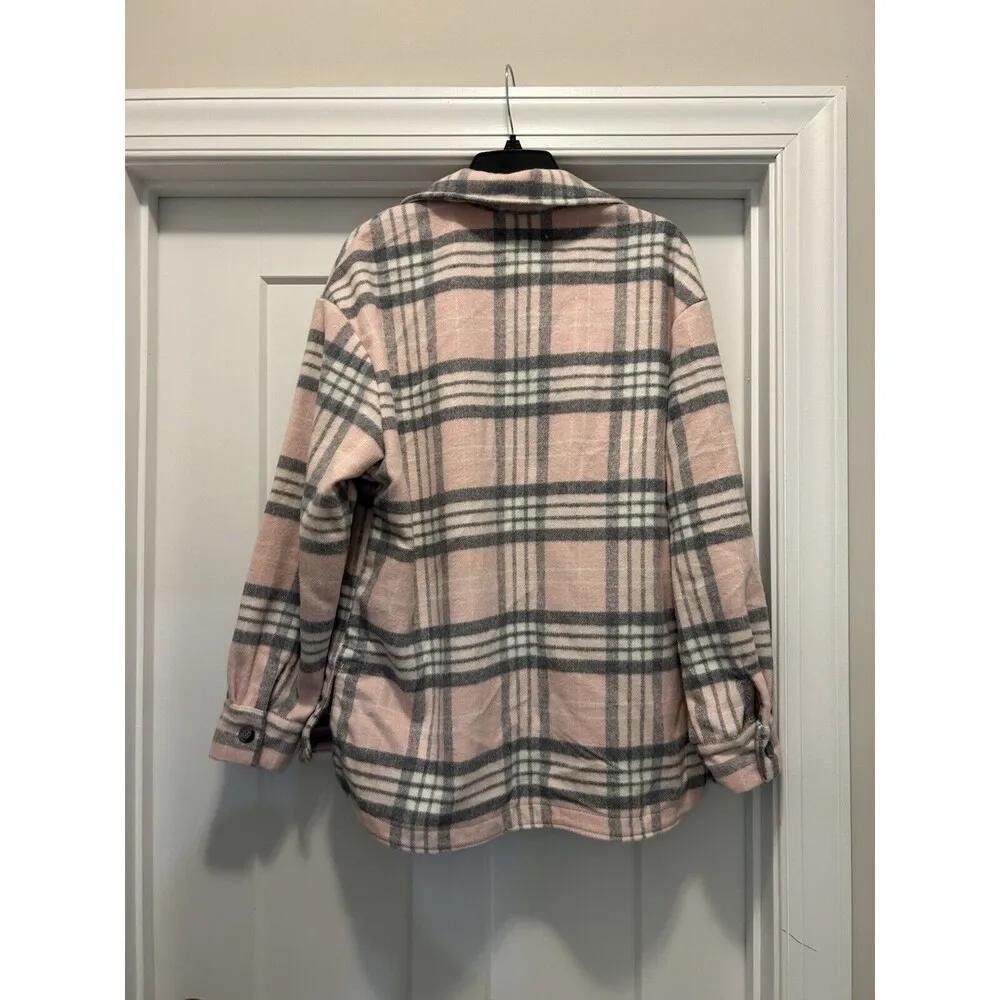 New Women's Size Large Pink Plaid Soft Button Up Oversized Jacket Hip Length - Image 6