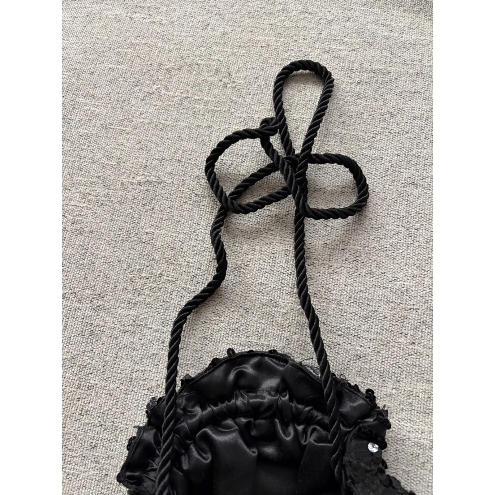 Sparkly Black Sequin Ruched Drawstring Evening Bag - Image 5