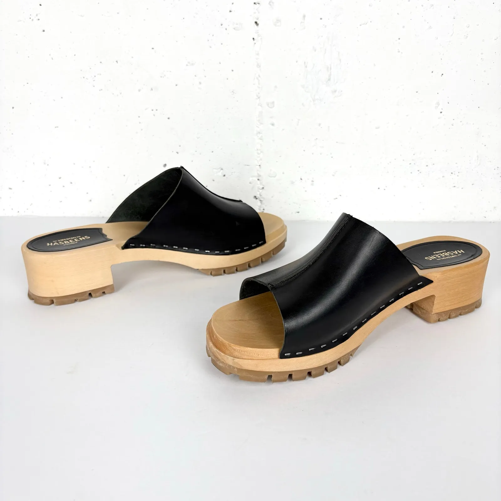 Swedish Hasbeens Ann Low Sandals Mules Clogs Black Leather Wooden Sole Size 41 - Image 10