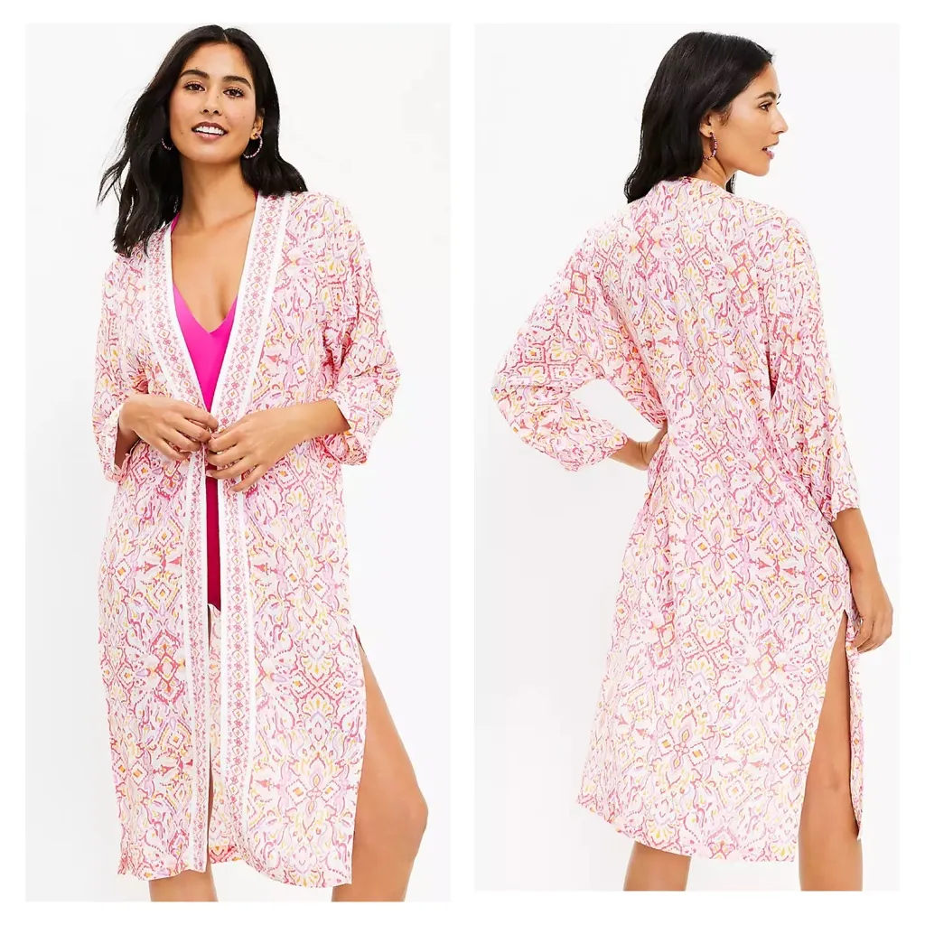 LOFT Multicolor Ikat Print Beach Kimono Duster‎ Open Front Side Slits Coastal - Image 2