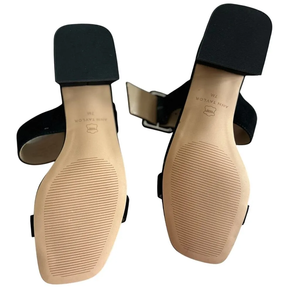 Ann Taylor Black Suede Low Chunky Heel Buckle Square Toe Sandal - Image 4