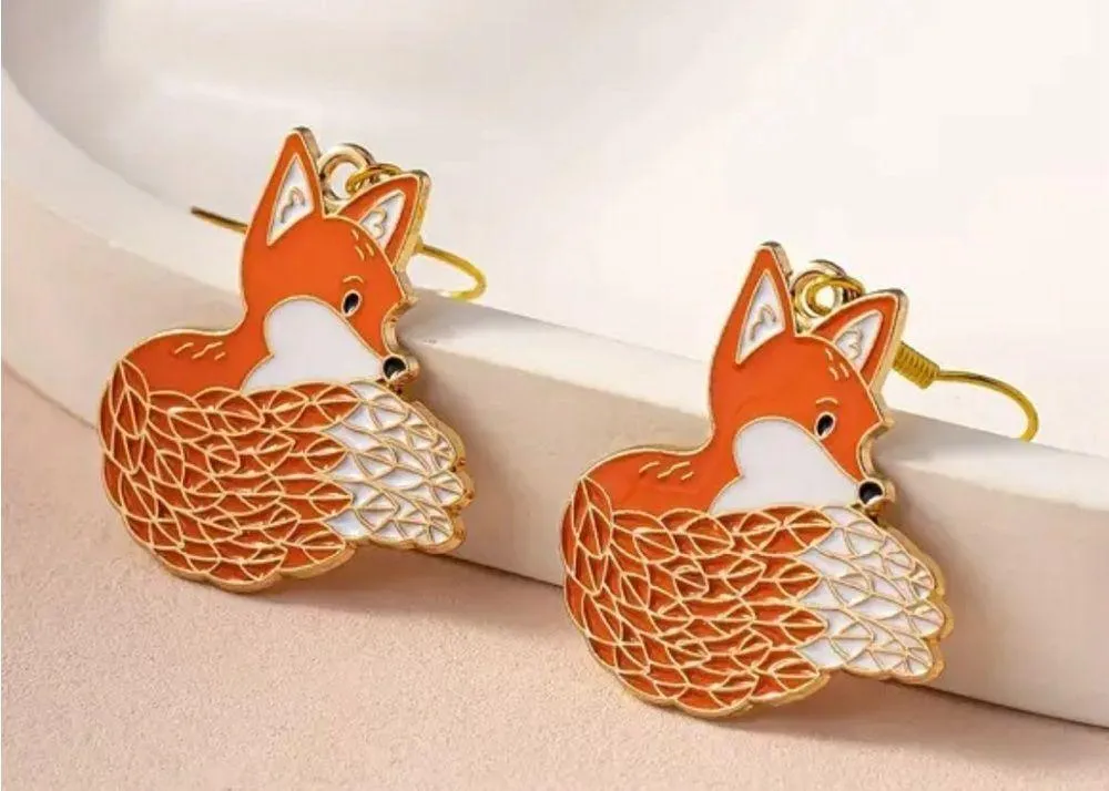 🦊 Shy Fox orange and gold enamel drop earrings very cute New gift - Image 3
