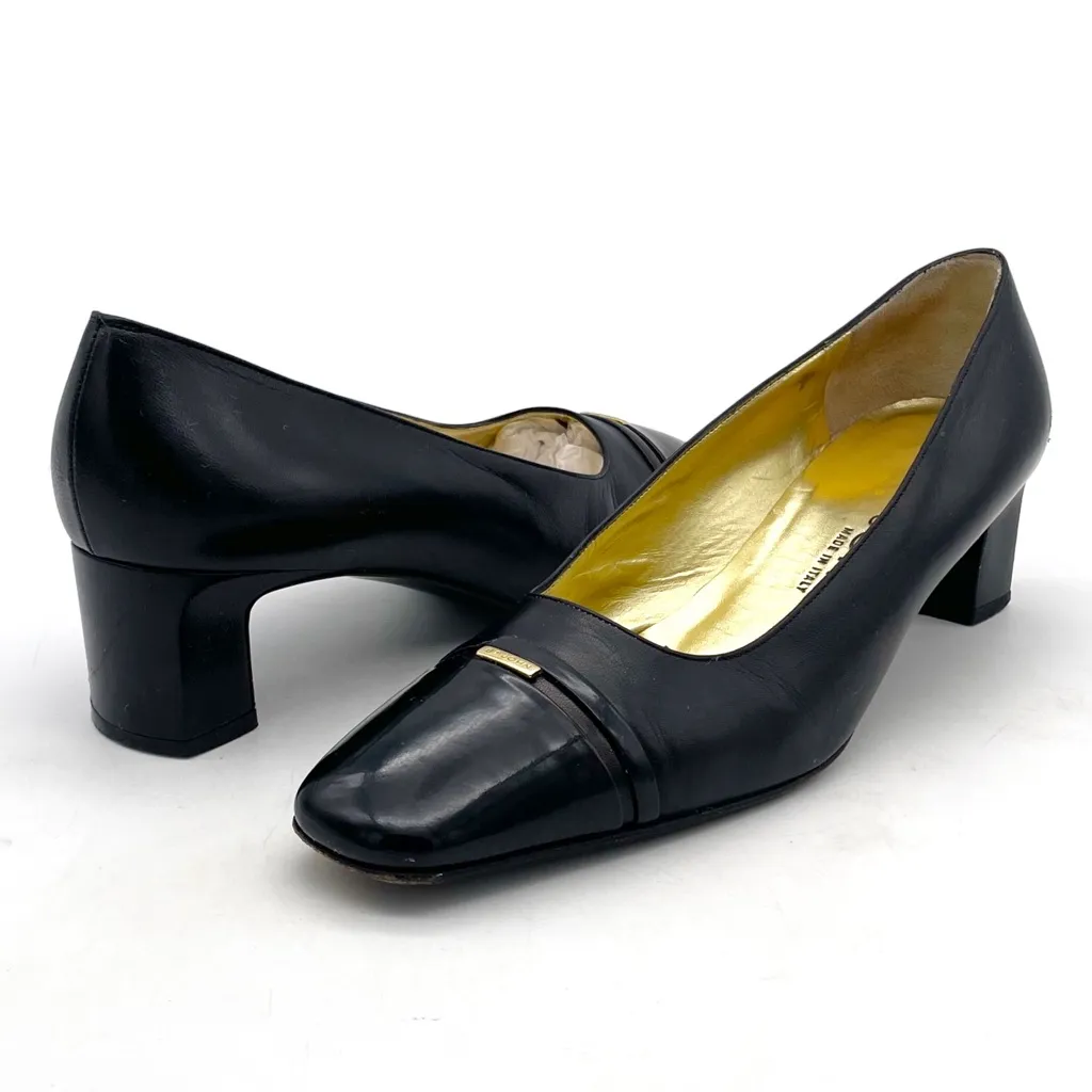 St. John Black Leather Cap Toe Heels Made in Italy Pumps Size 7 Vintage 80s 90s - Image 2