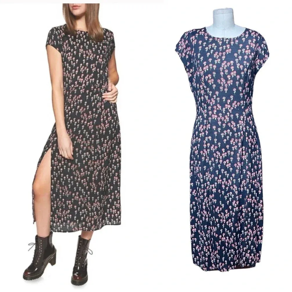 Free People‎ Corrie Split Hem Ditsy Floral Print Midi Dress Black Red Size 6 - Image 2