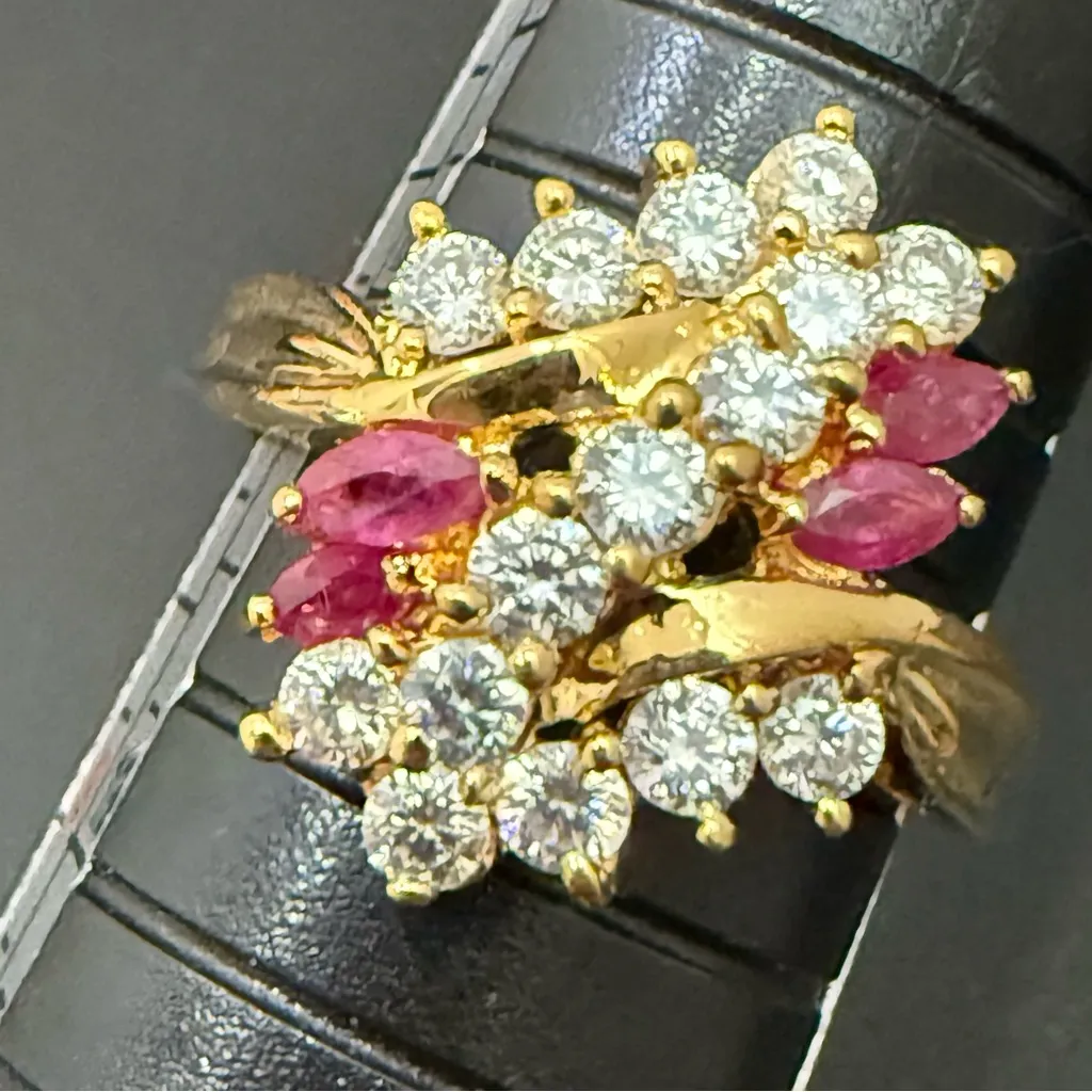 Vintage Signed 925 Gold Over Sterling Silver Ruby/Clear CZ Cocktail Ring Size 8 - Image 5